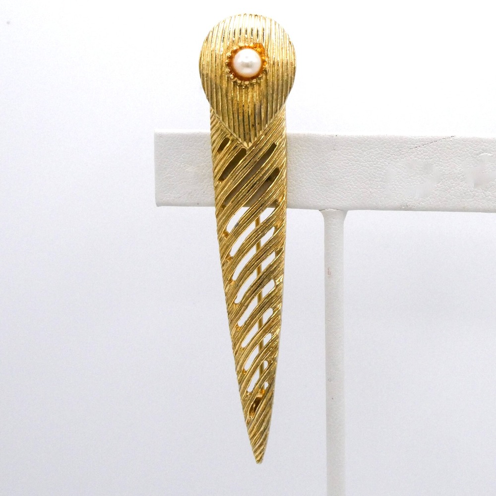 Vintage Goldtone Textured Cut Out Faux Pearl 3.2" Mens Womens Brooch Pin